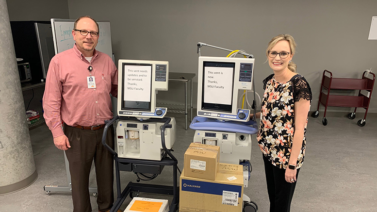 Darrin French, Director of Respiratory Care Services at United Regional, and Jennifer Anderson, Department of Respiratory Care Chair at MSU Texas, stand with two ventilators on loan to URHCS and personal protective equipment which was donated.