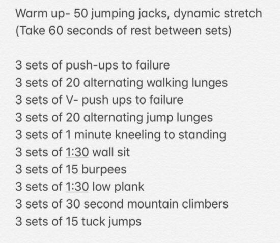 Warm up - 50 jumping jacks, dynamic stretch (take 60 seconds rest between sets), 3 sets of push-ups to failure, 3 sets of 20 alternating walking lunges, 3 sets vo V-push ups to failure, 3 sets of 20 altnerating jump lunges, 3 sets of 1 minute kneeling to standing, 3 sets of 90-second wall sit, 3 sets of 15 burpees, 3 sets of 90-second low plank, 3 sets of 30-second mountain climbers, 3 sets of 15 tuck jumps