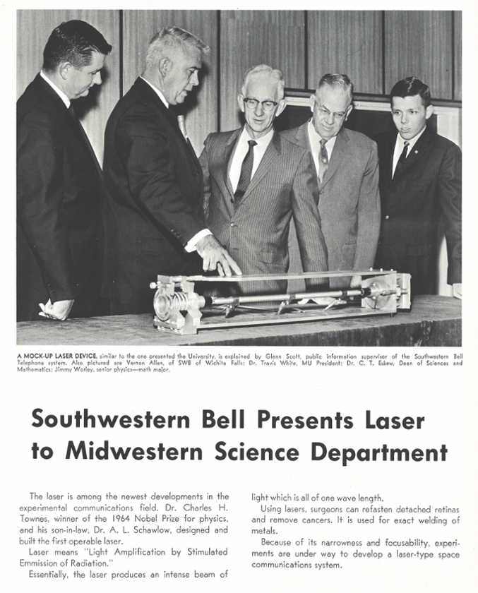 Jim Worley in a photo from the 1966 Midwestern University yearbook. Southwestern Bell Telephone presented Midwestern with a laser device. (l-r) Vernon Allen and Glenn Scott of Southwestern Bell with Midwestern President Travis White and C.T. Eskew, dean of science and mathematics.  