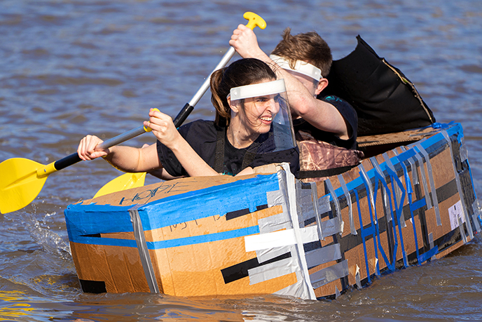 MSU Texas students compete in the 2021 cardboard boat race at Sikes Lake.