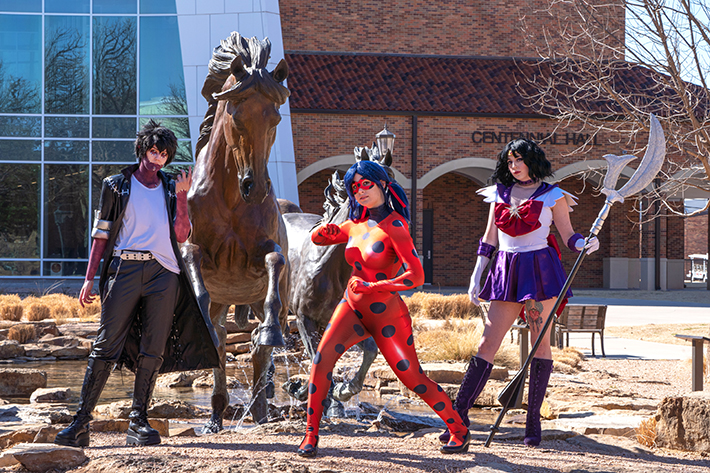 Tasha Fields as Sailor Saturn (purple skirt); Grey Chastain as Dabi; and Jaden Towe as Ladybug.