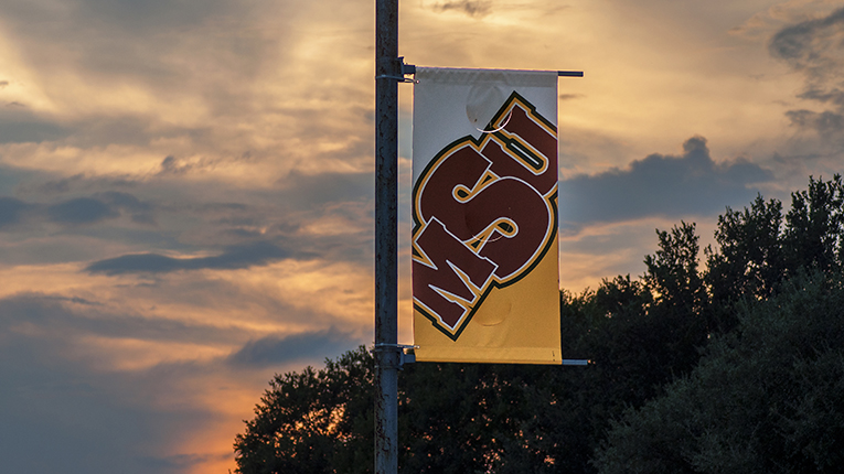 MSU Texas flag pole at sunset