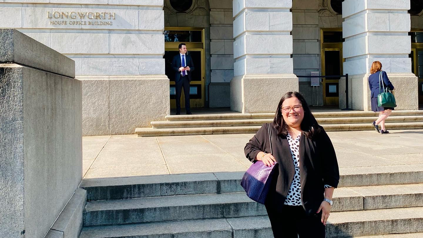 Caroline Gomez outside congressional offices in D.C.