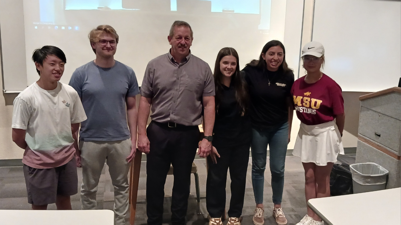 Bill Schmitz with some of the class at MSU Texas he gave speech to in October