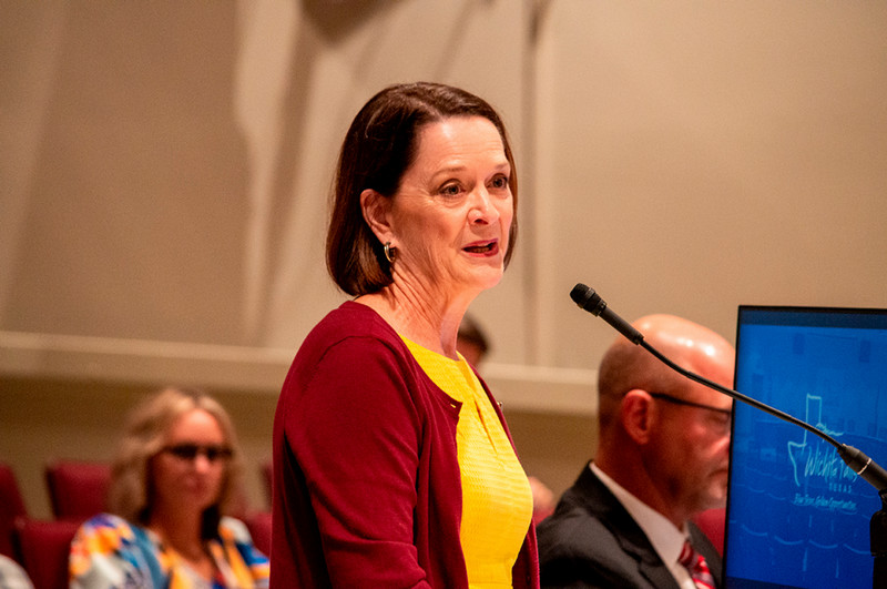 MSU Texas President Stacia Haynie speaks at the Wichita Falls City Council meeting on August 6, 2024. (Photo by Troy Larson/MSU Texas)