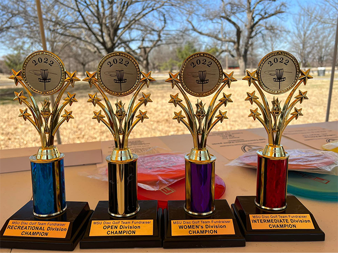 MSU Disc Golf trophies displayed