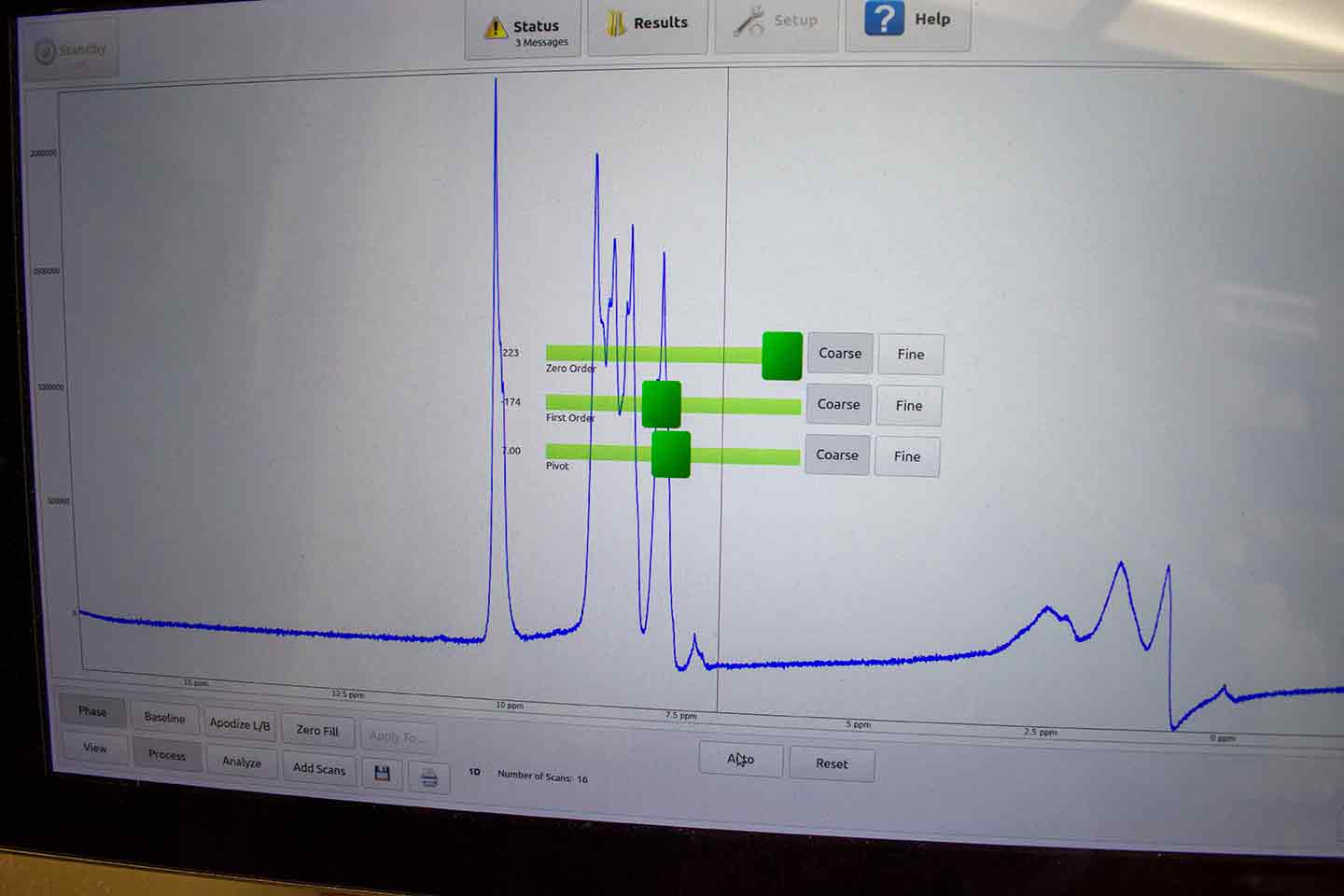 Raw chemical analysis data on the NMR screen. 