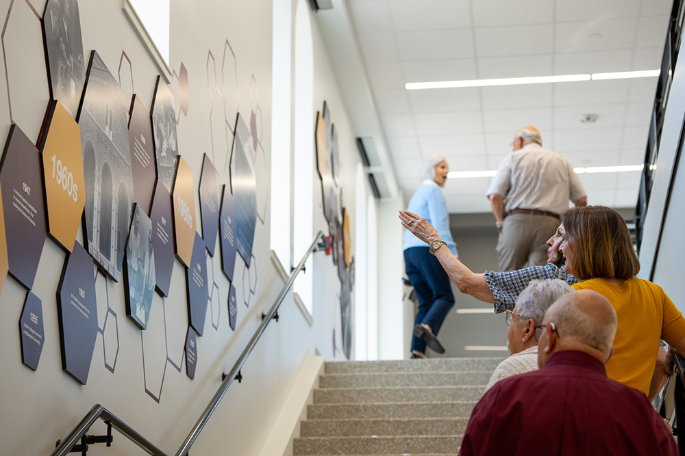 Bolin Science Hall timeline is displayed on staircase