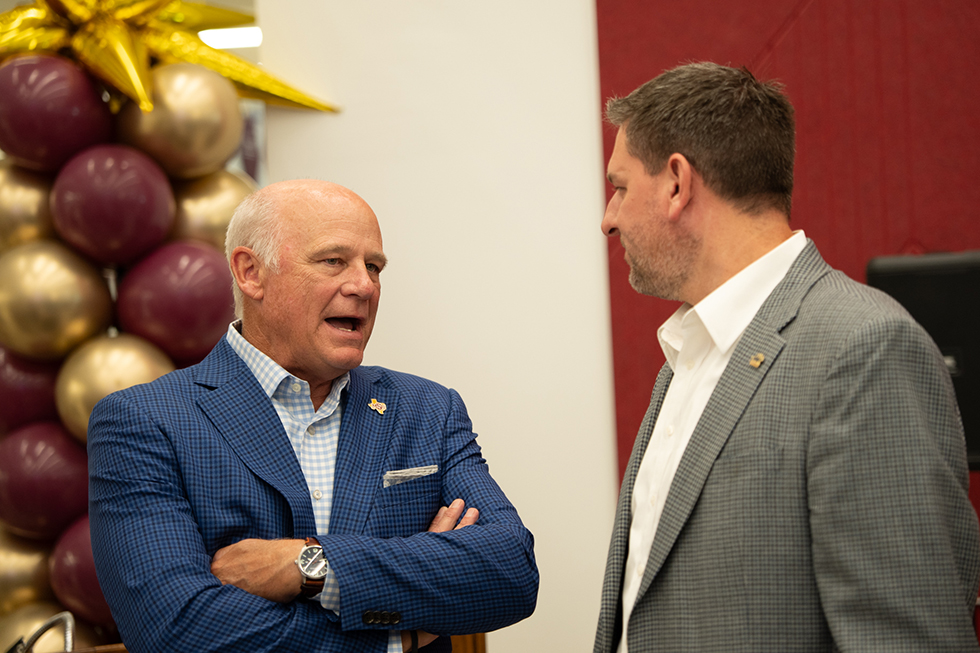 Billy Breedlove and Chris Stovall discuss the Bolin Science Hall opening