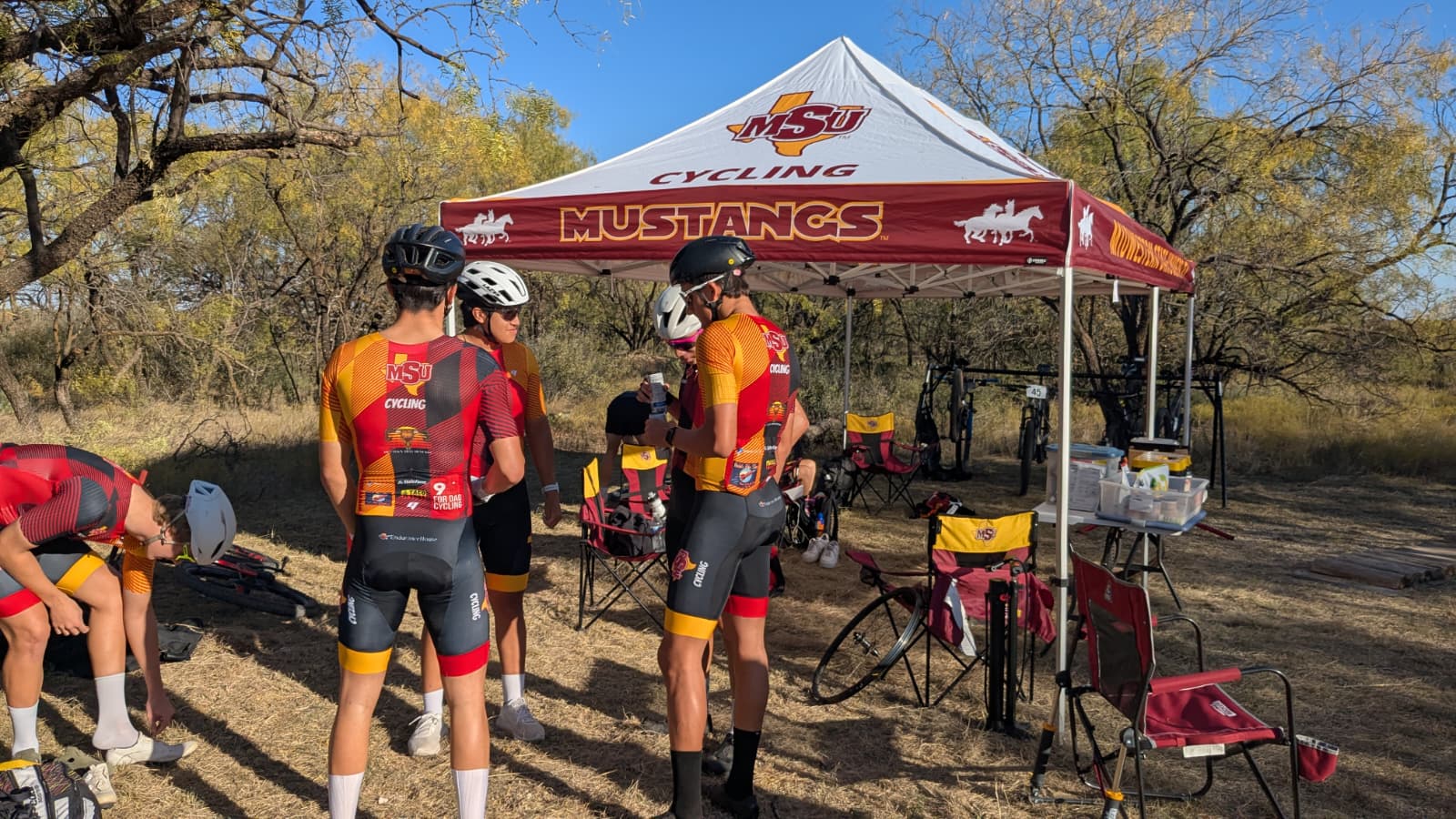 MSU Cycling racers Anthony Antunez, Jayden Munoz and Romain Gireme relaxing before the start of the day