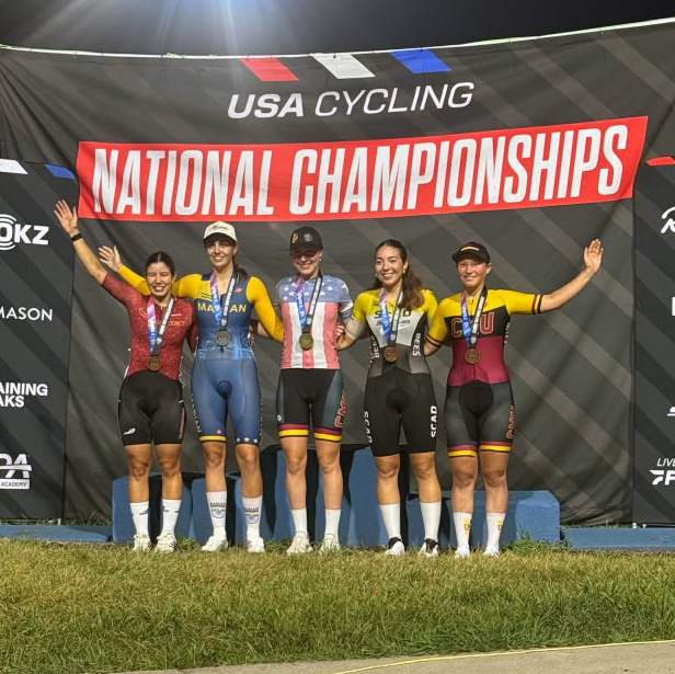 Andrea Cantu of MSU Cycling on podium with other top cyclists at nationals in Indianapolis