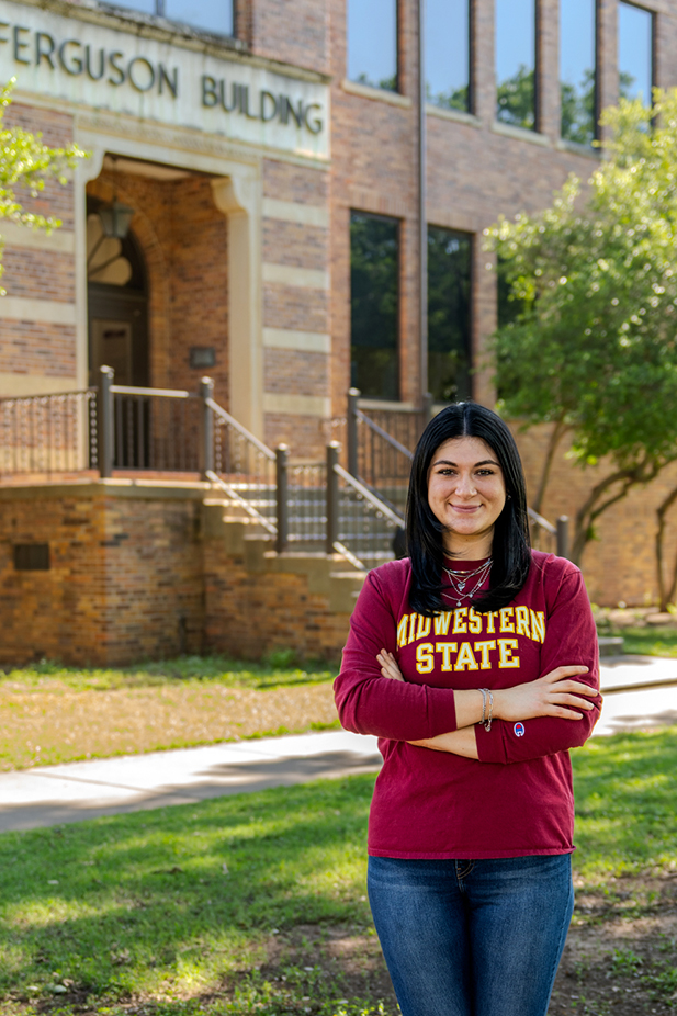 Cristin Martin in front of the Ferguson Building at MSU Texas