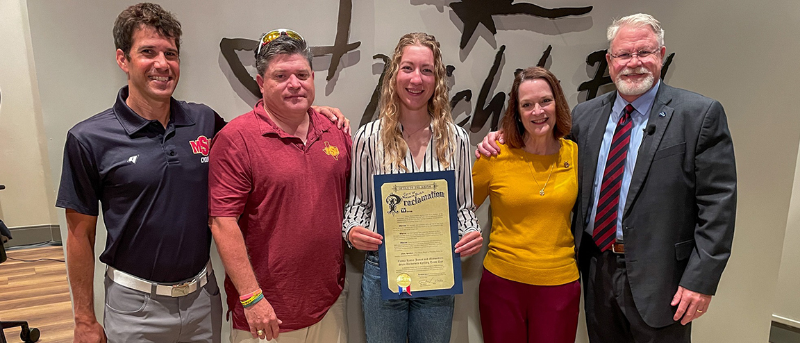 City of Wichita Falls honored MSU Cycling and Emma Kasza-James. Also pictured Mario Arroyave, Dail Neely, Stacia Haynie, and Mayor Tim Short