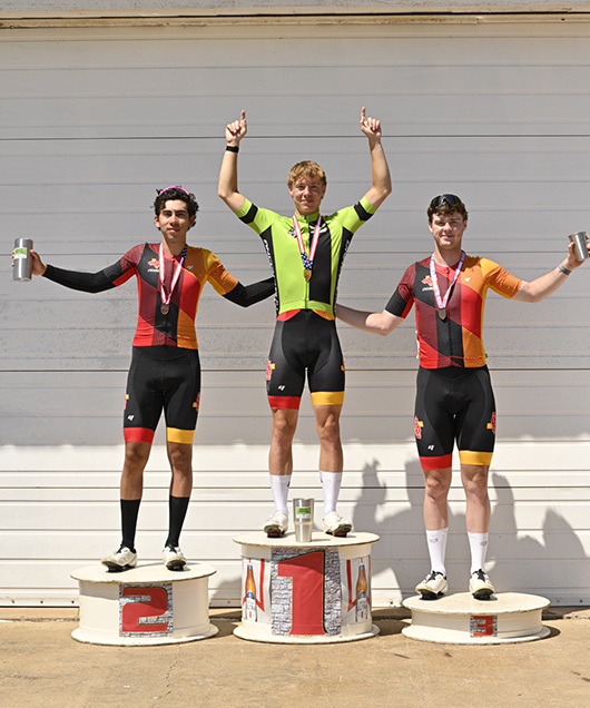 Blake Keeling with his teammates on the podium after the conference event in April at MSU Texas