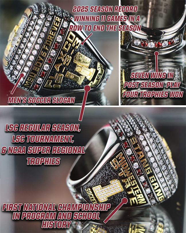 Championship ring with 2025 season record/winning 11 games in a row to end the season/seven wins in post season play/4 trophies won/LSC Regular Season, LSC Tournament, & NCAA Super Regional Trophies