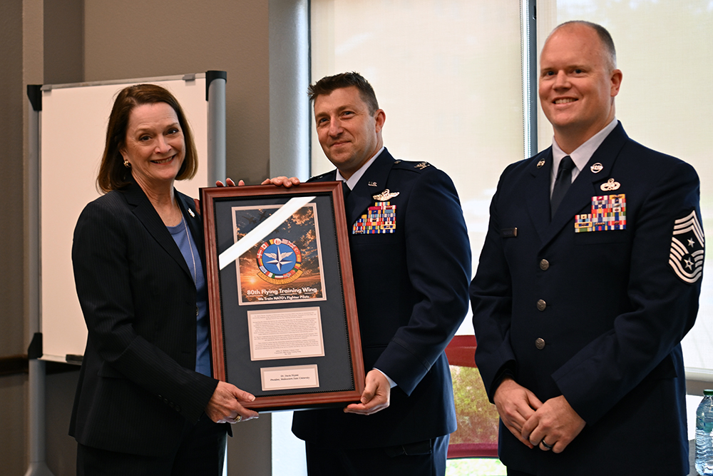 MSU Texas President Stacia Haynie was inducted into the Euro-NATO Joint Jet Pilot Training (ENJJPT) Hall of Fame for her leadership and commitment to strengthening the partnership between MSU, Sheppard Air Force Base and the ENJJPT program.