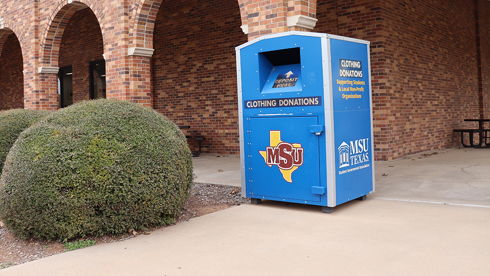 MSU Texas donation box (blue) for students in front of the CSC