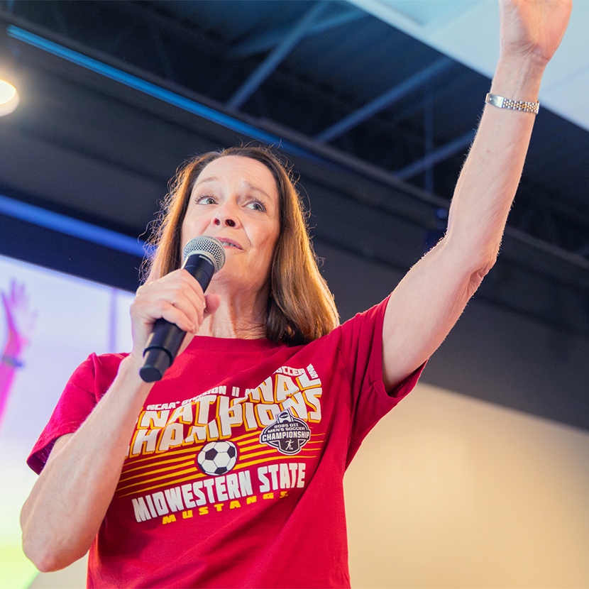 MSU Texas President Stacia Haynie talks to the crowd