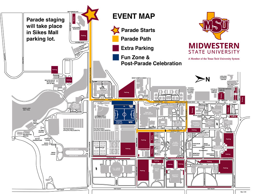 Map of the national championship parade with MSU Texas logo and showing the path down Midwestern Parkway and then onto campus with avaialable parking marked in maroon