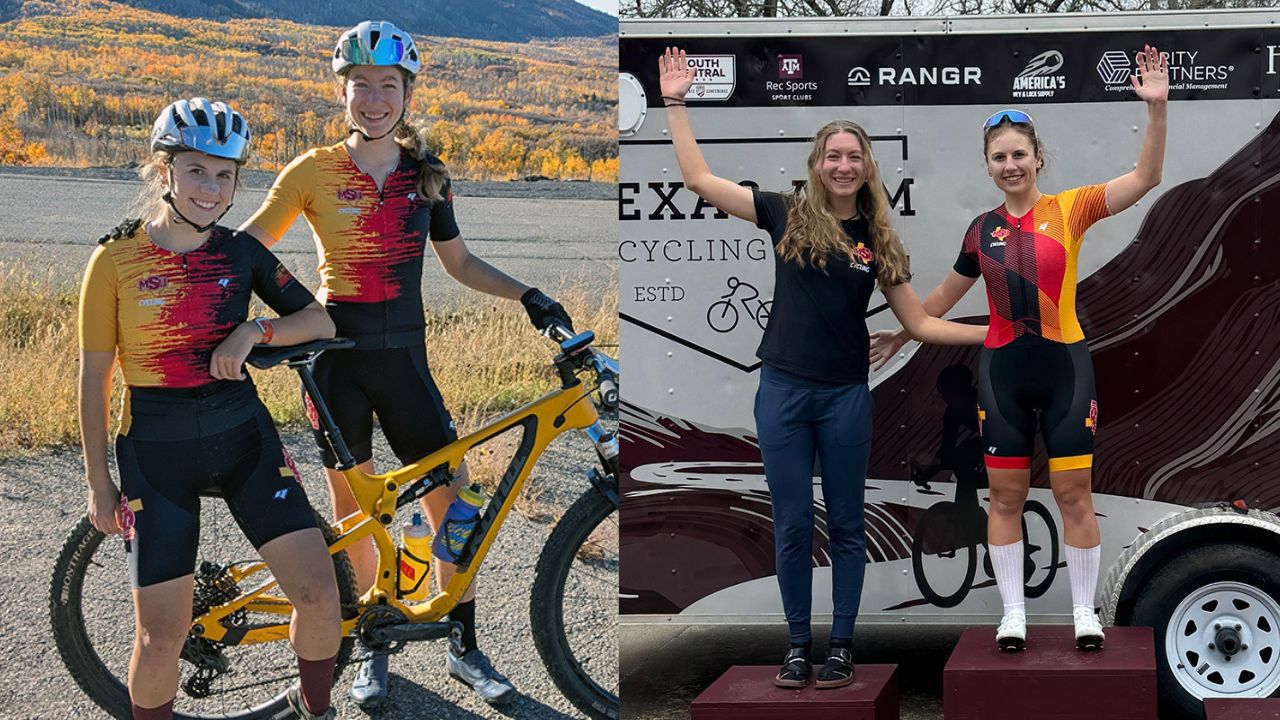 Gabby Wrightsman and Emma Kasza-James of MSU Cycling on the podium receiving medals and also standing together at Mountain Bike Nationals 